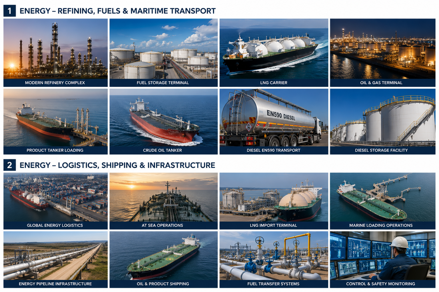 Energy operations — refining, fuels, maritime transport, logistics, shipping and infrastructure