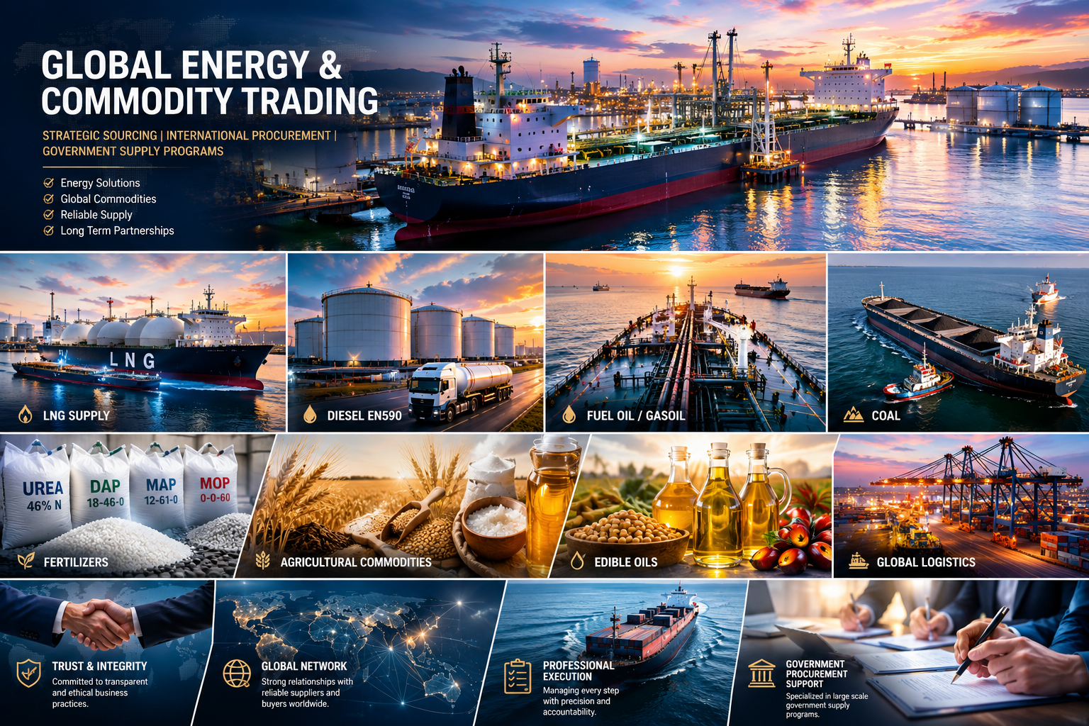Global Energy & Commodity Trading — LNG, Diesel EN590, Fuel Oil, Coal, Fertilizers, Agricultural Commodities, Edible Oils, Global Logistics
